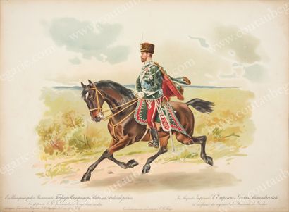 ÉCOLE RUSSE DE LA FIN DU XIXe SIÈCLE. L'empereur Nicolas II posant à cheval en uniforme...