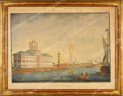 Ecole russe du XIXe siecle. Vue du musée Kunstkamera sur l'île Vassilievski à Saint-Pétersbourg.
Lithographie...