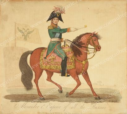 ECOLE ANGLAISE DU XIXE SIÈCLE. Portrait d'Alexandre Ier à cheval.
Gravure rehaussée...