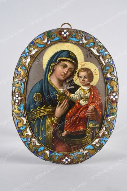 HOLY VIRGIN OF SMOLENSK. Russian icon, oval...