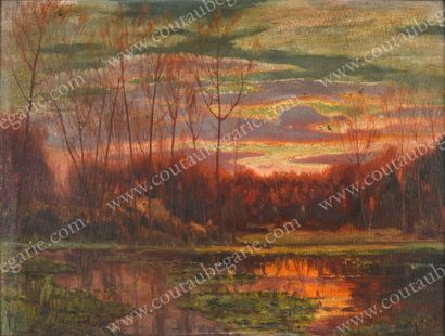ÉCOLE RUSSE DU XXe SIÈCLE. LVOFF Georges A. Forest at sunset.
Oil on isorel signed...