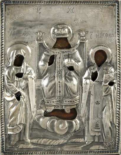 null CHRIST IN MAJESTY.
Surrounded by the Holy Virgin and St. Nicholas. Russian icon,...