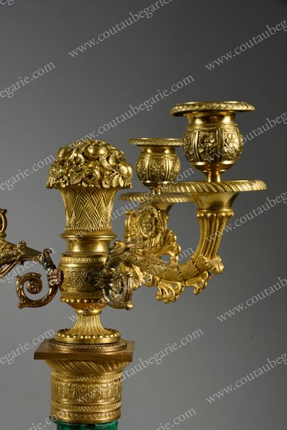 null PAIR OF LARGE CANDELABRES.
In chased and gilded bronze with three arms of light...