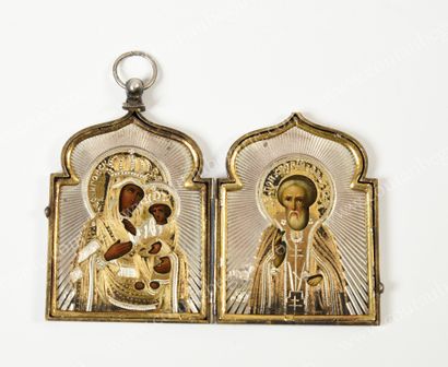 null TRAVEL DIPTYCH IN GILT. 
 In the shape of a Russian church, decorated on one...