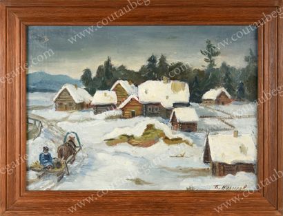VASSILIEF Boris (1906-2000). Troïka arrivant dans un village sous la neige. Huile...