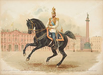 ÉCOLE RUSSE DE LA FIN DU XIXe SIÈCLE. L'empereur Nicolas II posant à cheval en uniforme...