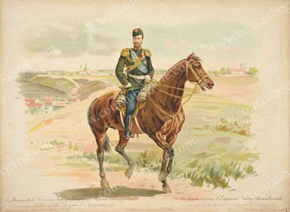 ÉCOLE RUSSE DE LA FIN DU XIXe SIÈCLE. L'empereur Nicolas II posant à cheval en uniforme...