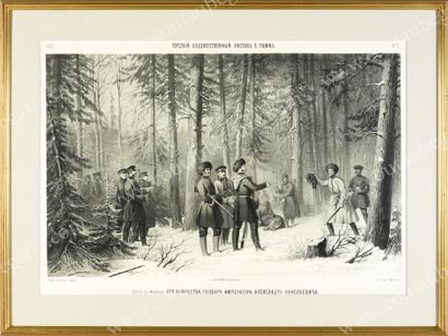 TIMM Georg Wilhem. L'empereur Alexandre II à la chasse à l'ours en forêt.
Lithographie...