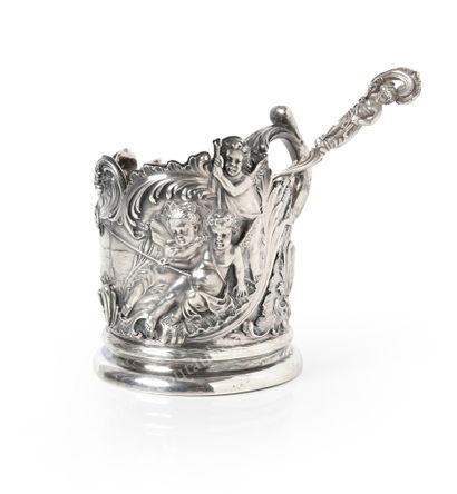 null SILVER TEA HOLDER.
By FABERGÉ, Moscow, 1895.
Decorated with a romantic scene...