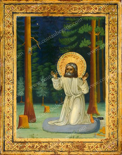 null SAINT SERAPHIM OF SAROFF. 
 Russian icon, tempera on wood, early 20th century.
Wear...