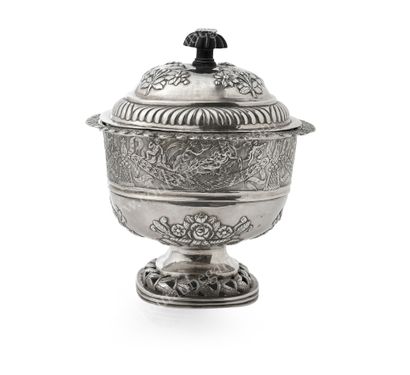  SILVER COVERED SUCRIER. Of square form, with carved ebony grip, with embossed and...