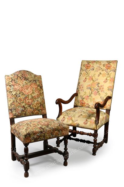null LOUIS XIII STYLE ARMCHAIR.
High back in waxed natural wood, with sheepskin bone...