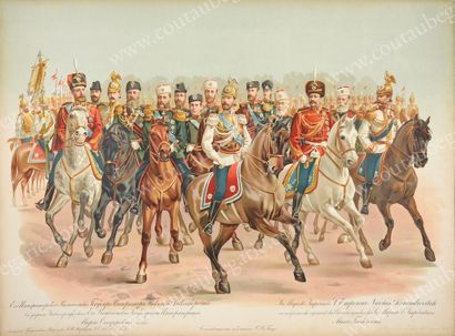 ÉCOLE RUSSE DE LA FIN DU XIXe SIÈCLE. His Majesty Emperor Nicholas II posing on horseback...