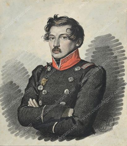 ÉCOLE RUSSE DU MILIEU DU XIXe SIÈCLE. 
Portrait d'un officier russe.
Lithographie...