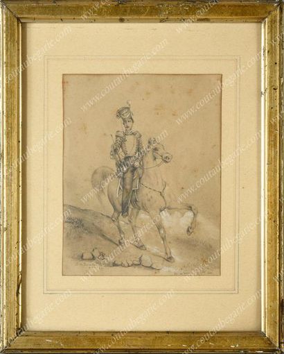 ÉCOLE RUSSE DU MILIEU DU XIXe SIÈCLE. 
Portrait d'un trompette à cheval du Régiment...