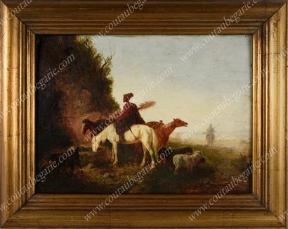 BAÏKOFF Fédor Ilitch (1818-1890). 
Cosaque à cheval au repos.
Huile sur panneau signée...