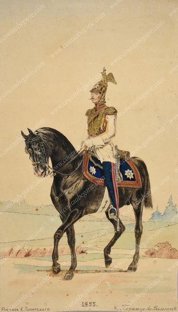 Ecole russe du XIXe siecle. 
Portrait d'un officier du régiment des Gardes à cheval.
Aquarelle...