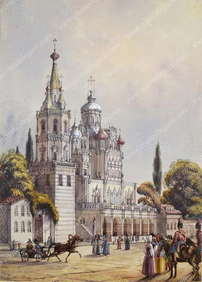 ÉCOLE FRANÇAISE DU XIXe SIÈCLE. 
Vue de la cathédrale de l'Assomption à Moscou.
Aquarelle...