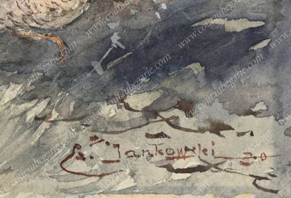 JANKOWSKI Charles-Boris (1862-1941). 
Chasse en forêt.
Aquarelle signée en bas à...