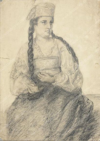 École française du XIXe siècle. 
Jeune femme en tenue traditionnelle russe.
Dessin...