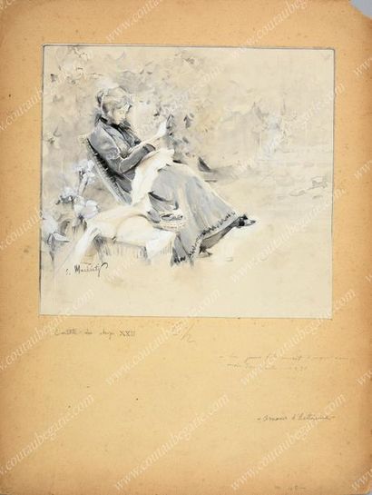 MACCHIATI Serafino (1861-1916). 
La jeune fille sur un banc.
Gouache sur carton,...