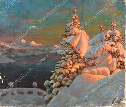 ÉCOLE RUSSE DU XXe SIÈCLE. 
Paysage hivernal au coucher de soleil.
Huile sur toile...