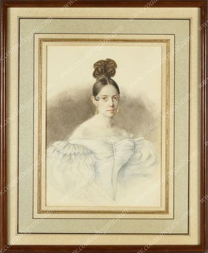 Ecole russe du XIXe siecle. 
Jeune fille en tenue de bal, vers 1830.
Aquarelle sur...