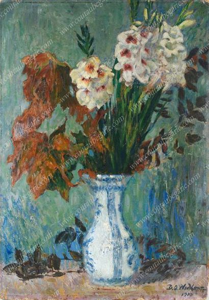 WIDHOPFF David Ossipovitch (1867-1933). 
Vase aux glaïeuls.
Huile sur carton signée...