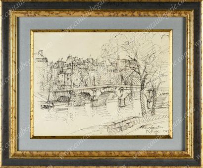 KLUGE Constantin (1912-2003). 
Vue des bords de la Seine à Paris.
Dessin à l'encre...