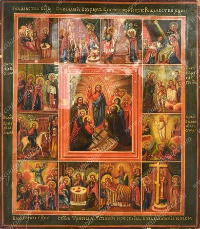 null ICÔNE DE LA RÉSURRECTION DU CHRIST.
Entourée de 12 scènes liturgiques, représentant...