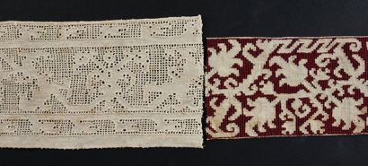 null Three bands in drawn wire, Italy, early 17th century.
Two in cream embroidered...