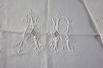  Parure de lit, drap et ses deux taies, fin du XIXe siècle. En toile de lin, le drap...