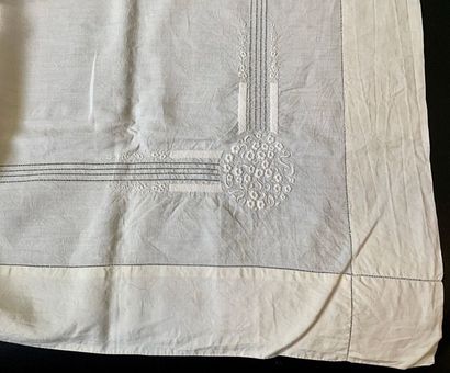 null Embroidered sheet and pillowcase, circa 1930.
In thread, the reverse side of...