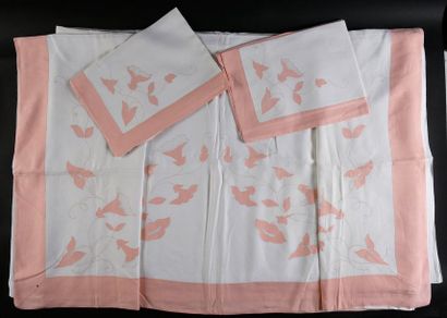 null Set of bed linen, sheet and two pillowcases, mid 20th century.
"Lysette", a...