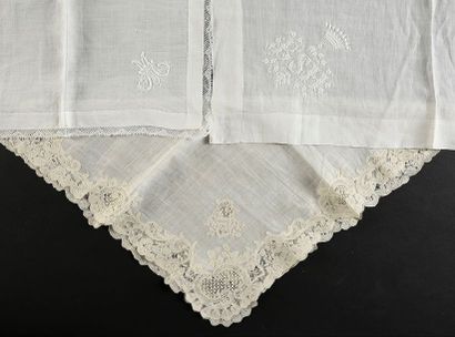 Three handkerchiefs, embroidery and lace,...