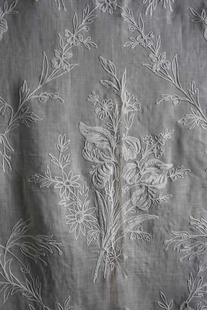  Pair of large Cornely blinds, early 20th century. 
 In cotton muslin embroidered...