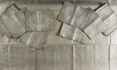 null Tablecloth and twelve napkins, early 20th century. 
Made of new raw cotton damask,...