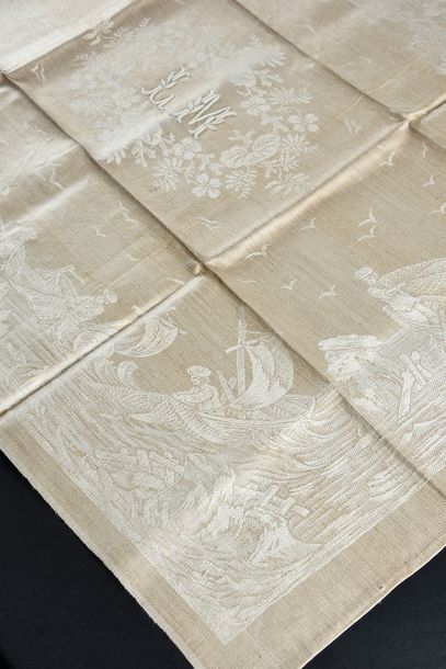 null Tablecloth and twelve napkins, early 20th century. 
Made of new raw cotton damask,...