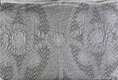 null Tablecloth in the back of the bonnet, early 20th century.
Hand-embroidered linen...