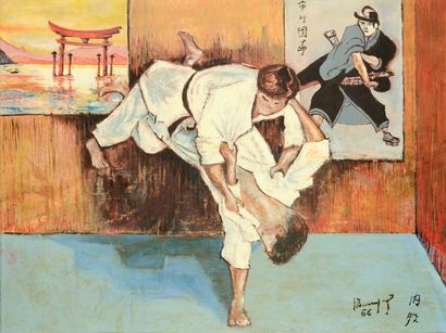 null Huile sur panneau. «Uchimata» signée L. Beaujard. Composition sur le judo de...