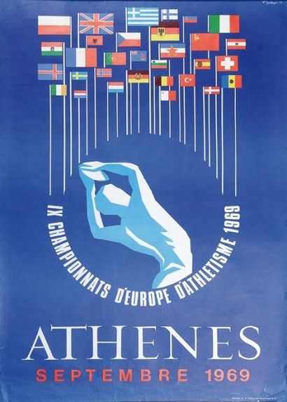 null Affiche officielle des Championnats d'Europe d'athlétisme 1969 à Athènes. Dim...