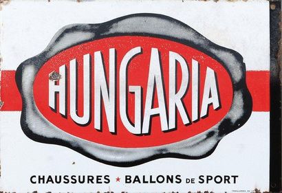 null Plaque émaillée «Hungaria» chaussures et ballons de sport. Vers 1950. Emaillerie...