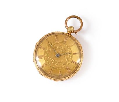 null POCKET WATCH.
In pink gold, with chiselled decoration of foliated scrolls.
Mechanism...