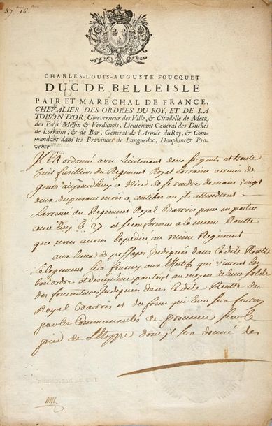 FOUQUET Charles-Louis, duc de Belle Isle (1684-1761), maréchal de France Ordonnance...