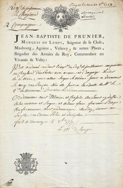 PRUNIER Jean-Baptiste, marquis de Lemps (1708 -?), brigadier du roi Ordonnance militaire...