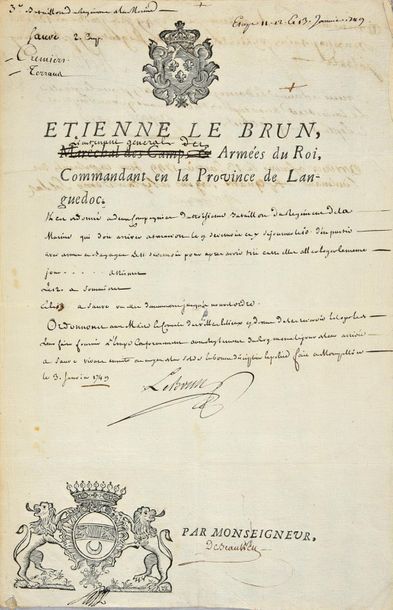 LE BRUN Étienne, Lieutenant-Général des Armées du roi Louis XV Ordonnance militaire...