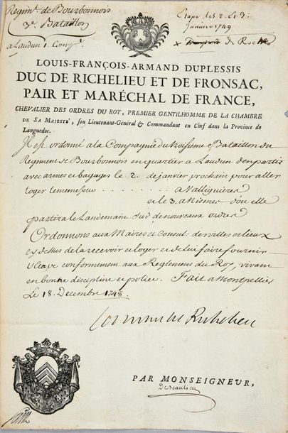 RICHELIEU, Louis-François, duc de (1696-1788), maréchal de France Military order...