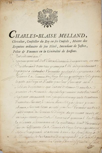 MELIAND Charles-Blaise, conseiller du roi Louis XV Ordonnance à la Trésorerie générale...
