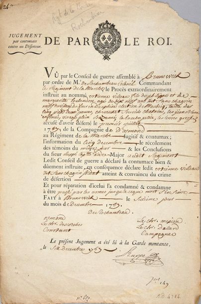 null ROYAL ORDINANCE OF THE COUNCIL OF WAR.
Judgment in absentia to be shot for a...