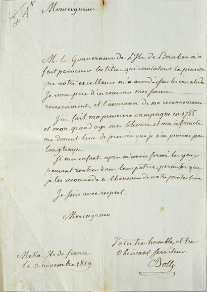 BOLLE Louis-Marie (1742-1823) Lettre autographe signée «Bolle», adressée au gouverneur...